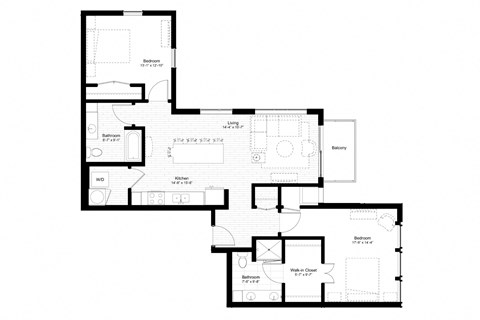 Floor plan for 2 beds, 2 baths, 1164 sqft